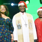 L-R, International Guest Classical/Opera Singer, Francesca Chiejina; His Grace Most Rev. (Dr.) Alfred Adewale Martins, Archbishop of the Metropolitan See of Lagos and Dame Marie Fatayi- Williams, Christmas Concert Committee Chairman, at the 2022 Christmas Concert in Celebration of 10 years of Episcopal Enthronement of Archbishop Alfred Martin's and 10 Years of Anthony Cardinal Okogie As Emeritus Archbishop at the Church of the Assumption - Falomo ikoyi Lagos