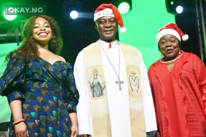 L-R, International Guest Classical/Opera Singer, Francesca Chiejina; His Grace Most Rev. (Dr.) Alfred Adewale Martins, Archbishop of the Metropolitan See of Lagos and Dame Marie Fatayi- Williams, Christmas Concert Committee Chairman, at the 2022 Christmas Concert in Celebration of 10 years of Episcopal Enthronement of Archbishop Alfred Martin's and 10 Years of Anthony Cardinal Okogie As Emeritus Archbishop at the Church of the Assumption - Falomo ikoyi Lagos