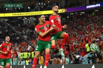 Morocco players celebrate their goal against Portugal.