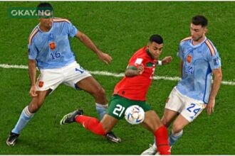 Morocco’s midfielder #21 Walid Cheddira fights for the ball with Spain’s midfielder #16 Rodri and Spain’s defender #24 Aymeric Laporte during the Qatar 2022 World Cup round of 16 football match between Morocco and Spain at the Education City Stadium in Al-Rayyan, west of Doha on December 6, 2022. (Photo by MANAN VATSYAYANA / AFP)