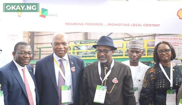 L-R: Chief Upstream Investment Officer, Nigerian Upstream Investment Management Services, Bala Wunti; Country Chair, Shell Companies in Nigeria and Managing Director, The Shell Petroleum Development Company of Nigeria Limited, Osagie Okunbor; Executive Secretary, Nigerian Content Development and Monitoring Board, Simbi Wabote; Executive Vice President, Gas and Power of Nigerian National Petroleum Company Limited, Abdulkadre Ahmed; and Managing Director, Shell Nigeria Exploration and Production Company Limited, Elohor Aiboni, at the Shell stand during the opening session of the 11th Practical Nigerian Content Forum held in Uyo.