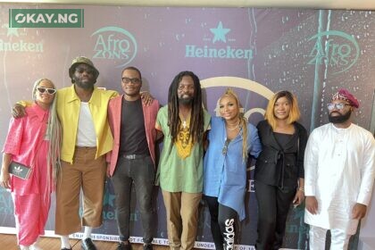 Martica "Fat" Nwigwe, Grammy awards 2023 best new artist award nominee Tobe Nwigwe, Brand Manager, Heineken, Azuka Ijenebe, Grammy awards best global music performance award nominee Rocky Dawuni; Founder of Afrozons, Dr. Sheila O; Senior Media, Brand PR & Sponsorships Manager, Nigerian Breweries Plc, Sandra Amachree; Portfolio Manager, International Premium Brands, Nigerian Breweries Plc; Sampson Oloche; at the Afrozons pre-Grammy nomination celebration courtesy of Heineken.