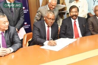 (L-R) Chairman, Sinoma International Engineering (Nanjing) Co. Ltd., Liu Renyue; President/CE, Dangote Industries Limited, Aliko Dangote; Group Executive Director, Strategy, Capital Projects & Portfolio Development, Dangote Industries Limited, Devakumar Edwin; and Group Managing Director, Dangote Industries Limited, Olakunle Alake at the Signing ceremony in Lagos, of 2x6000 TPD Cement Project, Itori Cement Plc, Ogun State in Lagos.