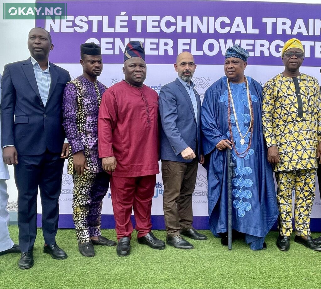 (L-R) Country HR Manager at Nestlé Nigeria PLC, Mr. Shakiru Lawal; Hon. Commissioner for Youth and Sports Development Ogun State, Dr. Kehinde Oluwadare; Factory Manager at Nestlé Flowergate Factory, Mr. Gbenga Oladunjoye; Managing Director, Nestlé Nigeria Plc, Mr. Wassim Elhusseini; Akarigbo of Remo Land, HRM Oba Babatunde Adewale Ajayi and the Hon. Commissioner for science and Technology in Ogun State, Prof. Abayomi Arigbabu during the commissioning of the new Nestlé Technical Training Center Flowergate in Ogun State today.