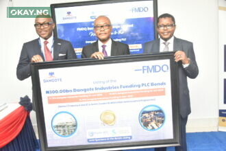(L-R) Chief Executive Officer of FMDQ, Bola Onadele Koko; Group Managing Director, Dangote Industry Limited, Olakunle Alake and Mustapha Ibrahim, the Group Chief Financial Officer, Dangote Industries Ltd. during the Listing Ceremony of the Dangote Industries Funding Plc's Bonds at FMDQ, in Lagos