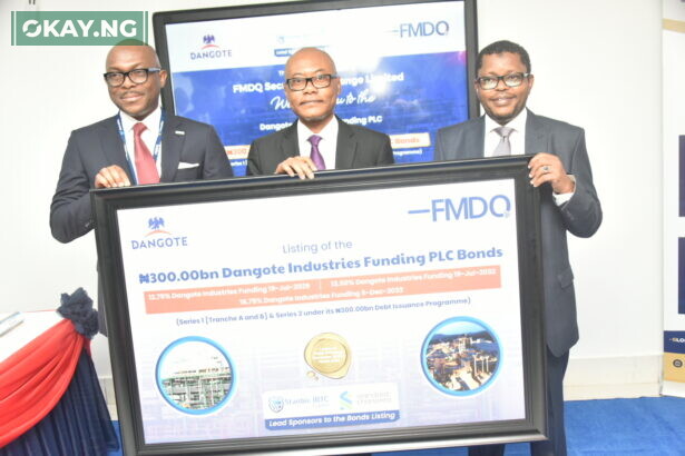 (L-R) Chief Executive Officer of FMDQ, Bola Onadele Koko; Group Managing Director, Dangote Industry Limited, Olakunle Alake and Mustapha Ibrahim, the Group Chief Financial Officer, Dangote Industries Ltd. during the Listing Ceremony of the Dangote Industries Funding Plc's Bonds at FMDQ, in Lagos