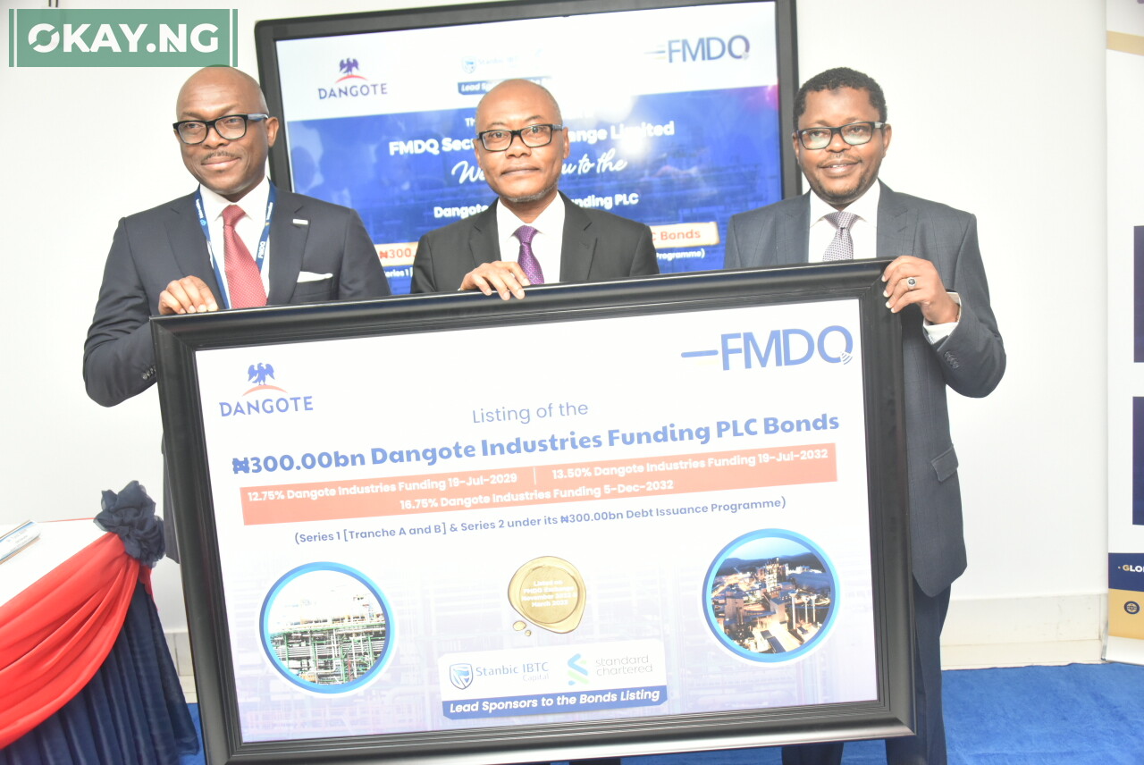 (L-R) Chief Executive Officer of FMDQ, Bola Onadele Koko; Group Managing Director, Dangote Industry Limited, Olakunle Alake and Mustapha Ibrahim, the Group Chief Financial Officer, Dangote Industries Ltd. during the Listing Ceremony of the Dangote Industries Funding Plc's Bonds at FMDQ, in Lagos