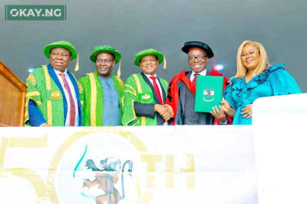L – R: Vice Chancellor, University of Nigeria, Nsukka, Prof. Charles Arinzechukwu Igwe; Minister of State for Education, Rt. Hon. Goodluck Nanah Opiah; Pro-Chancellor and Chairman of the Governing Council of University of Nigeria, Nsukka, Amb. Bako Sani; Group Managing Director/CEO, Zenith Bank Plc, Dr. Ebenezer Onyeagwu; and Mrs Kachi Onyeagwu during the conferment of the Doctorate Degree in Business Administration on Dr. Onyeagwu by the University of Nigeria, Nsukka at the weekend.
