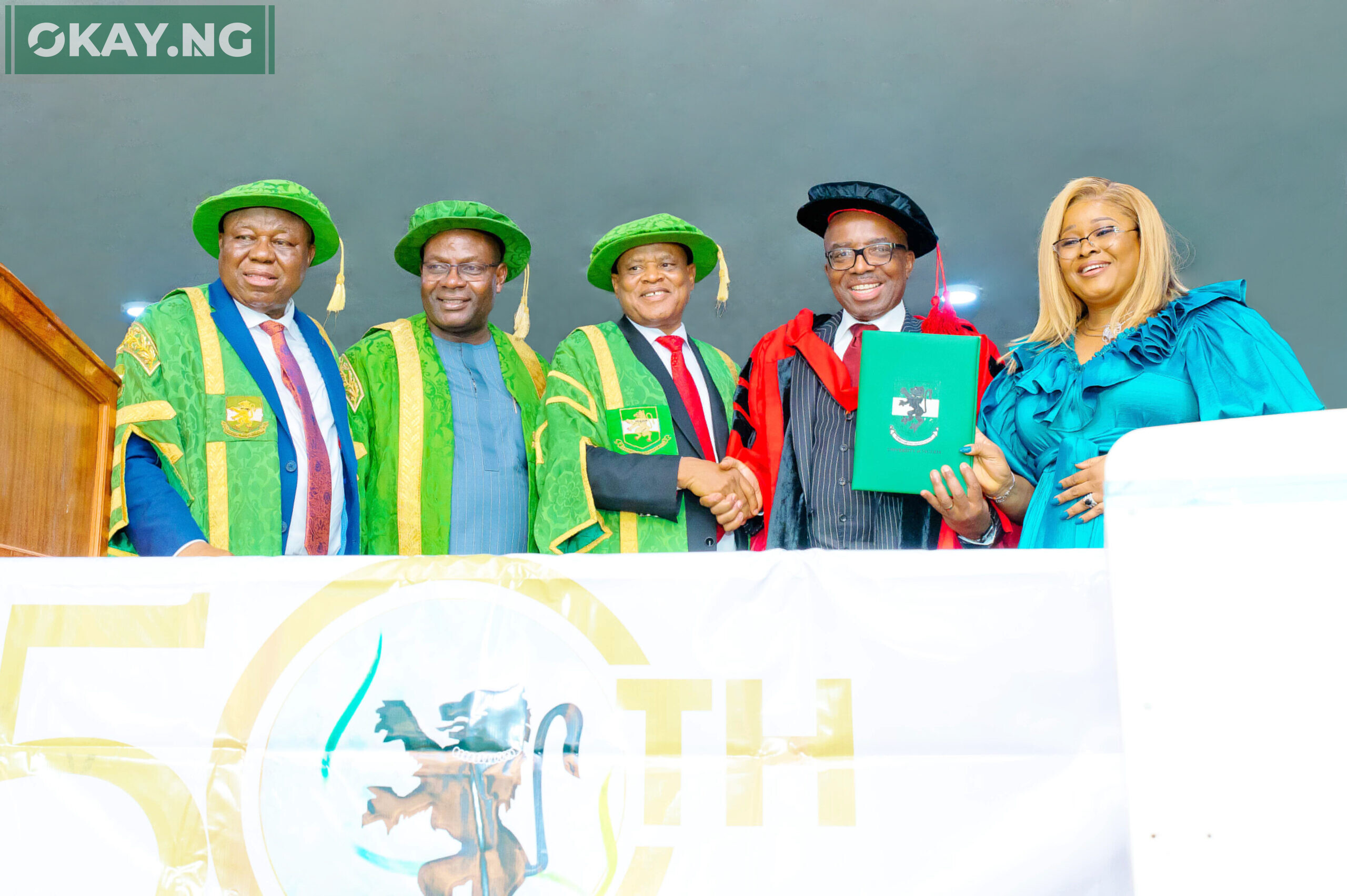 L – R: Vice Chancellor, University of Nigeria, Nsukka, Prof. Charles Arinzechukwu Igwe; Minister of State for Education, Rt. Hon. Goodluck Nanah Opiah; Pro-Chancellor and Chairman of the Governing Council of University of Nigeria, Nsukka, Amb. Bako Sani; Group Managing Director/CEO, Zenith Bank Plc, Dr. Ebenezer Onyeagwu; and Mrs Kachi Onyeagwu during the conferment of the Doctorate Degree in Business Administration on Dr. Onyeagwu by the University of Nigeria, Nsukka at the weekend.
