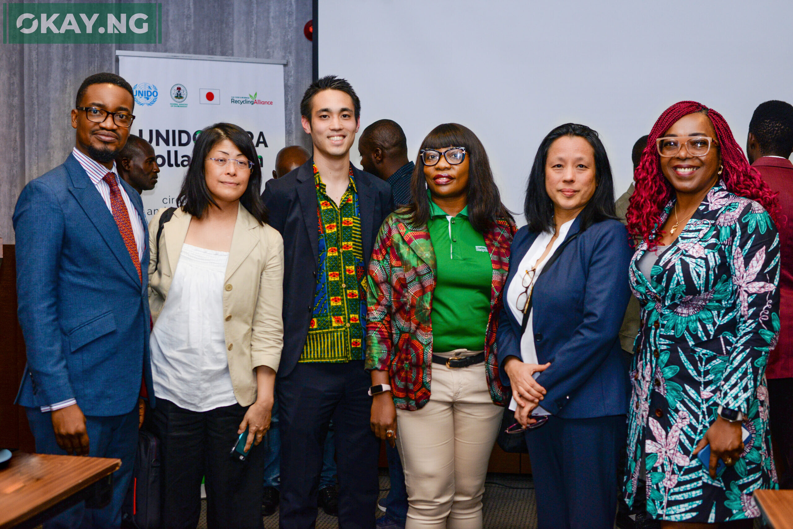 L-R Oluyomi Banjo (National Programme Coordinator, UNIDO); Nishio Nahomi (Project Manager, UNIDO); Mr. Ryosuke Arai (Sales Manager Recycled Plastics, RECOTECH); Agharese Onaghise (Executive Secretary, FBRA); Sakoto Takenoshita (Technical Advisor, UNIDO) and Victoria Uwadoka (Corporate Communications & PR Manager, Nestle Nigeria).