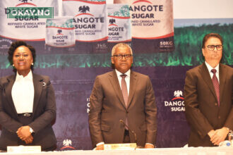 L-R: Company Secretary/Legal Adviser, Dangote Sugar Refinery Plc, Temitope Hassan; Chairman, Dangote Sugar Refinery Plc, Aliko Dangote; and Group Managing Director/CEO, Dangote Sugar Refinery Plc, Ravindra Singh Singhvi; at the Dangote Sugar Refinery Plc 17th Annual General Meeting held in Lagos on 14th April, 2023