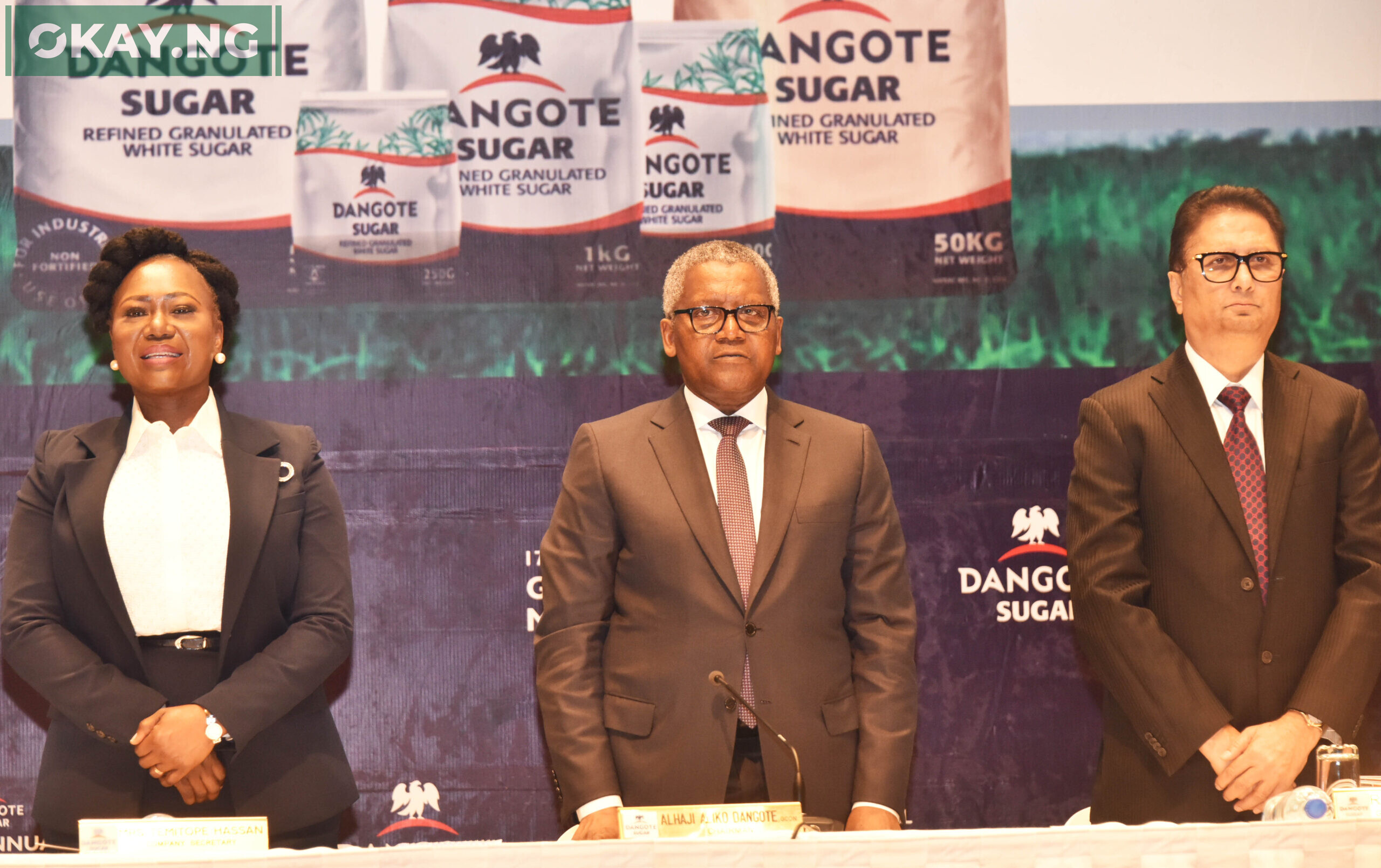 L-R: Company Secretary/Legal Adviser, Dangote Sugar Refinery Plc, Temitope Hassan; Chairman, Dangote Sugar Refinery Plc, Aliko Dangote; and Group Managing Director/CEO, Dangote Sugar Refinery Plc, Ravindra Singh Singhvi; at the Dangote Sugar Refinery Plc 17th Annual General Meeting held in Lagos on 14th April, 2023