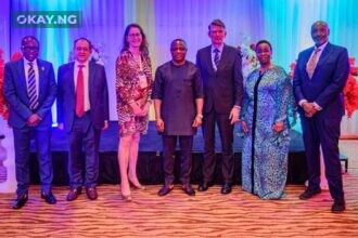 L-R: Chief Executive, Brevity Anderson, James Shindi; Ambassador of Spain to Nigeria, Juan Sell; Ambassador of Germany to Nigeria, Annett Gunther; Permanent Secretary, Ministry of Petroleum, Federal Republic of Nigeria, Ambassador Gabriel Aduda; General Manager, Commercial, Shell Nigeria, Hans Nijkamp; Manager, Business Value and Regulation, Olufunto Annam; Chairman, Brevity Anderson, Olatunde Akoni... at the 6th Nigeria International Economic Summit (NIES) during the Ministers and Head of Delegation dinner sponsored by Shell Nigeria.