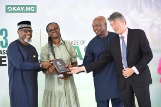 President of Nigeria Gas Association, MD Shell Nigeria Gas, Ed Ubong; Managing Director, Shell Nigeria Exploration and Production Company Limited SNEPCo), Elohor Aiboni; Managing Director, The Shell Petroleum Development Company of Nigeria Limited (SPDC) and Country Chair, Shell Companies in Nigeria, Osagie Okunbor and Shell's General Manager, Commercial, Hans Nijkamp while receiving the "Outstanding Commitment To Nigeria's Decade Of Gas" Award...during Nigeria Gas Association Gala Night in Abuja