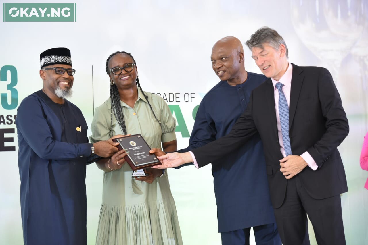 President of Nigeria Gas Association, MD Shell Nigeria Gas, Ed Ubong; Managing Director, Shell Nigeria Exploration and Production Company Limited SNEPCo), Elohor Aiboni; Managing Director, The Shell Petroleum Development Company of Nigeria Limited (SPDC) and Country Chair, Shell Companies in Nigeria, Osagie Okunbor and Shell's General Manager, Commercial, Hans Nijkamp while receiving the "Outstanding Commitment To Nigeria's Decade Of Gas" Award...during Nigeria Gas Association Gala Night in Abuja