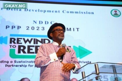 Executive Secretary of the Nigerian Content Development and Monitoring Board (NCDMB), Engr. Simbi Kesiye Wabote making a presentation at the NDDC Public-Private Partnership Summit 2023 held in Lagos on Tuesday.