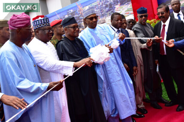 L-R: Lagos State Governor, Babajide Sanwo-Olu; Senate President, Sen. Ahmad Ibrahim Lawan; President/Chief Executive, Dangote Industries Limited, Aliko Dangote; President of Federal Republic of Nigeria, Muhammadu Buhari, cutting the tape; President of Togo, Faure Gnassingbe; Ogun State Governor, Dapo Abiodun; and Group Executive Director, Strategy, Capital Projects & Portfolio Development, Dangote Industries Limited, Devakumar Edwin, at the commissioning of Dangote Petroleum Refinery and Petrochemicals FZE, (650,000 barrels per day Petroleum Refining and 900,000 tonnes per annum Polypropylene Production) in Lagos on Monday, May 22, 2023.