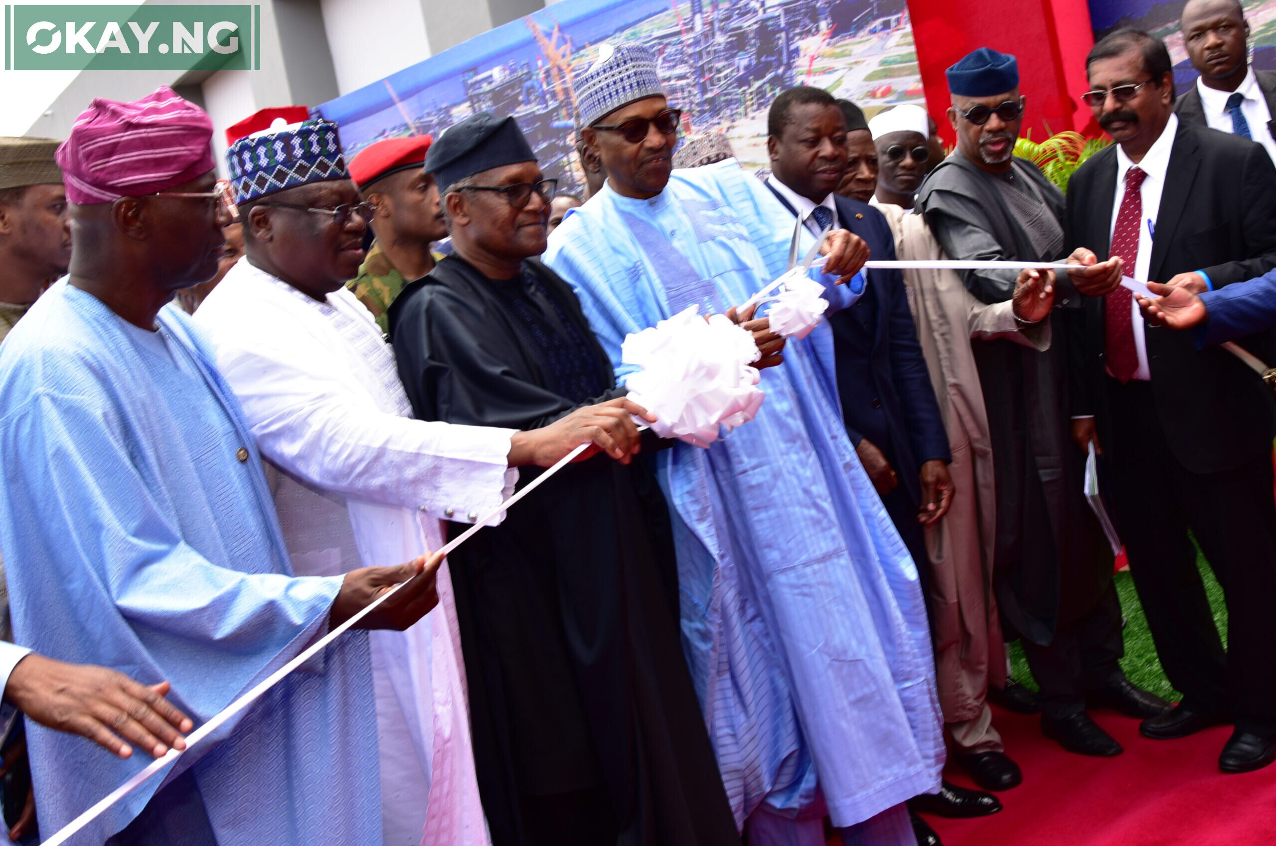 L-R: Lagos State Governor, Babajide Sanwo-Olu; Senate President, Sen. Ahmad Ibrahim Lawan; President/Chief Executive, Dangote Industries Limited, Aliko Dangote; President of Federal Republic of Nigeria, Muhammadu Buhari, cutting the tape; President of Togo, Faure Gnassingbe; Ogun State Governor, Dapo Abiodun; and Group Executive Director, Strategy, Capital Projects & Portfolio Development, Dangote Industries Limited, Devakumar Edwin, at the commissioning of Dangote Petroleum Refinery and Petrochemicals FZE, (650,000 barrels per day Petroleum Refining and 900,000 tonnes per annum Polypropylene Production) in Lagos on Monday, May 22, 2023.
