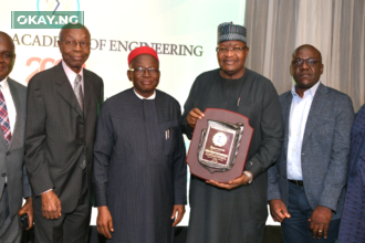 L-R: Reuben Muoka, Director, Public Affairs, Nigerian Communications Commission (NCC); Vincent Maduka, past President, Nigerian Academy of Engineering (NAEng); Prof. Azikiwe Onwualu, President, NAEng; Prof. Umar Danbatta, Executive Vice Chairman/Chief Executive Officer (EVC/CEO) NCC; Abraham Oshadami, Director, Spectrum Administration, NCC; Hafiz Shehu, Chief of Staff to the EVC, NCC; at the Academy’s 2023 Technology Dinner where Danbatta received Platinum Appreciation Award in Lagos on Wednesday (June 21, 2023).