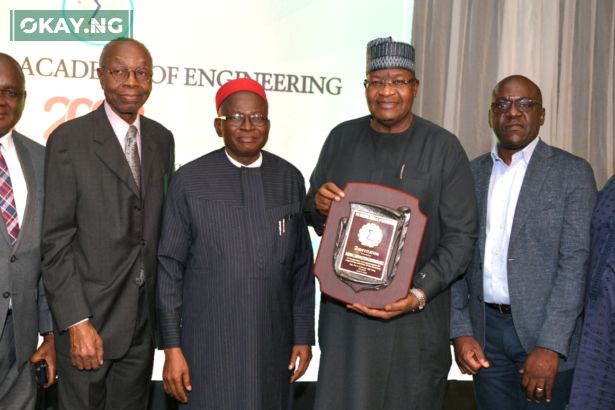 L-R: Reuben Muoka, Director, Public Affairs, Nigerian Communications Commission (NCC); Vincent Maduka, past President, Nigerian Academy of Engineering (NAEng); Prof. Azikiwe Onwualu, President, NAEng; Prof. Umar Danbatta, Executive Vice Chairman/Chief Executive Officer (EVC/CEO) NCC; Abraham Oshadami, Director, Spectrum Administration, NCC; Hafiz Shehu, Chief of Staff to the EVC, NCC; at the Academy’s 2023 Technology Dinner where Danbatta received Platinum Appreciation Award in Lagos on Wednesday (June 21, 2023).