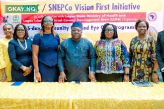 L-R: Shell's Regional Community Health Manager, Dr Akin Fajola; Lagos State Deputy Director for Health, Dr Adeniran Ifeyemi; Managing Counsel, Shell Nigeria Exploration and Production Company (SNEPCo), Mrs Lara Taiwo-Ogunbodede; SNEPCo's Managing Director, Mrs Elohor Aiboni; Chairman, Lagos Island East Local Council Development Area, Mr. Muibi Folawiyo; Manager Stakeholder Relations, NNPC Upstream Investment Management Services (NUIMS), Ms Julie Utang; NUIMS Deputy Manager, External Relations, Mrs. Bunmi Lawson; and Shell's Social Performance and Social Investment, Manager, Mr. Emmanuel Anyim at the opening session of NNPC/SNEPCo "Vision First Initiative", a free medical eye care outreach for Lagos Island community at the Sura Primary Health Care Centre, Lagos recently.