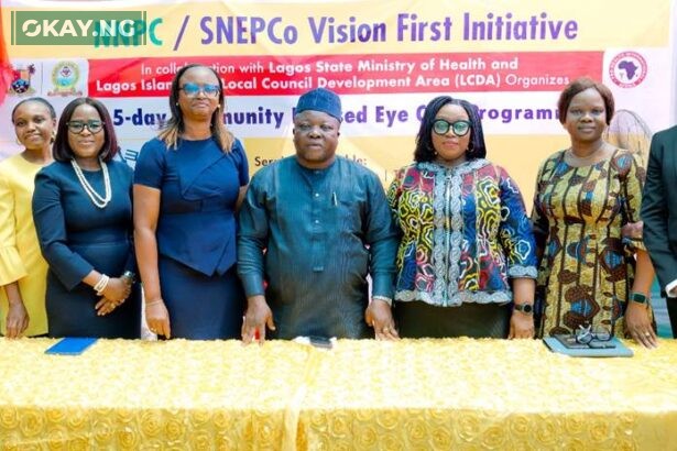 L-R: Shell's Regional Community Health Manager, Dr Akin Fajola; Lagos State Deputy Director for Health, Dr Adeniran Ifeyemi; Managing Counsel, Shell Nigeria Exploration and Production Company (SNEPCo), Mrs Lara Taiwo-Ogunbodede; SNEPCo's Managing Director, Mrs Elohor Aiboni; Chairman, Lagos Island East Local Council Development Area, Mr. Muibi Folawiyo; Manager Stakeholder Relations, NNPC Upstream Investment Management Services (NUIMS), Ms Julie Utang; NUIMS Deputy Manager, External Relations, Mrs. Bunmi Lawson; and Shell's Social Performance and Social Investment, Manager, Mr. Emmanuel Anyim at the opening session of NNPC/SNEPCo "Vision First Initiative", a free medical eye care outreach for Lagos Island community at the Sura Primary Health Care Centre, Lagos recently.