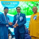 L-R: Vice Chairman of the Nigerian Council of the Society of Petroleum Engineers (SPE), Salahudeen Tahir; Finance Manager, Shell Nigeria Exploration and Production Company Limited (SNEPCo), Tunde Oduwole; and the Chairman, SPE Nigeria Council, Felix Obike, at the 2023 edition of the annual conference and exhibition of the society in Lagos... last week