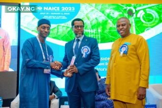 L-R: Vice Chairman of the Nigerian Council of the Society of Petroleum Engineers (SPE), Salahudeen Tahir; Finance Manager, Shell Nigeria Exploration and Production Company Limited (SNEPCo), Tunde Oduwole; and the Chairman, SPE Nigeria Council, Felix Obike, at the 2023 edition of the annual conference and exhibition of the society in Lagos... last week