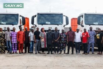 Adewale Adetayo, General Manager, SIFAX Logistics Company Limited (m) and other management team members of the terminal during the unveiling of the 13 brand-new MAN Diesel trucks acquired by SIFAX Logistics Company Limited recently.