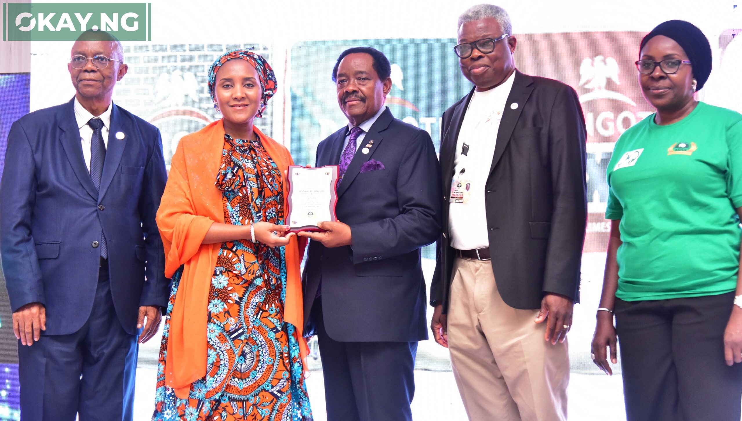 L-R: Deputy President, Lagos Chamber of Commerce and Industry (LCCI), Gabriel Idahosa; Group Executive Director, Commercial Operations, Dangote Industries Limited, Fatima Aliko Dangote; President, Lagos Chamber of Commerce and Industry (LCCI), Asiwaju Michael Olawale Cole; Vice President, LCCI and Chairman, Trade Promotion Board, Engr. Leye Kupoluyi; Director-General, LCCI, Chinyere Almona during the Dangote Industries Special Day at 2023 Lagos International Trade Fair in Lagos, on Wednesday, November 8, 2023