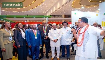 L-R: Managing Director, Shell Nigeria Exploration and Production Company Limited (SNEPCo), Elohor Aiboni; Executive Vice President Upstream, Nigerian National Petroleum Company Limited, Oristsemeyiwa Eyesan; President, Nigerian Association of Petroleum Explorationists (NAPE), Abiodun Ogunjobi; Former NAPE President, Elliot Ibie; Minister of State for Gas, Ekperikpe Ekpo; Executive Secretary, Nigerian Content Development and Monitoring Board, Simbi Wabote; and Shell's Head of Seismic Processing, Magnus Kanu, welcoming dignitaries to the Shell stand at NAPE's 41st annual conference and exhibition in Lagos... on Monday