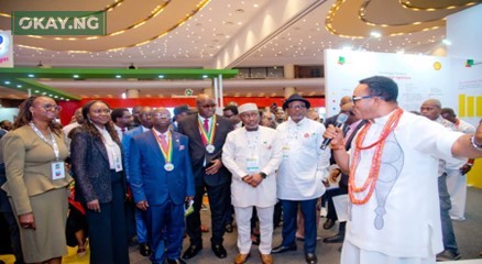 L-R: Managing Director, Shell Nigeria Exploration and Production Company Limited (SNEPCo), Elohor Aiboni; Executive Vice President Upstream, Nigerian National Petroleum Company Limited, Oristsemeyiwa Eyesan; President, Nigerian Association of Petroleum Explorationists (NAPE), Abiodun Ogunjobi; Former NAPE President, Elliot Ibie; Minister of State for Gas, Ekperikpe Ekpo; Executive Secretary, Nigerian Content Development and Monitoring Board, Simbi Wabote; and Shell's Head of Seismic Processing, Magnus Kanu, welcoming dignitaries to the Shell stand at NAPE's 41st annual conference and exhibition in Lagos... on Monday