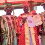 The Chancellor of the Nigerian Army University, Biu (NAUB), and the Orodje of Okpe Kingdom, HRM Major General Felix Mujakperuo (rtd), Orhue I, CFR, mni, displaying the Doctor of Letters Degree, honoris causa conferred on him by the University; flanked by the Pro-Chancellor and Chairman of Governing Council of the University and Chief of Army Staff, Lt.-General Taoreed Lagbaja (R); representative of the Visitor to the University and President of Nigeria and Commander-in-Chief of the Armed Forces, His Excellency Bola Ahmed Tinubu, the Honorable Minister of Education, Professor Tahir Mamman and the Vice Chancellor of Nigerian Army University, Biu, Professor Kyari Mohammed (L), during the graduation ceremony of the Nigerian Army University, Biu (NAUB), recently