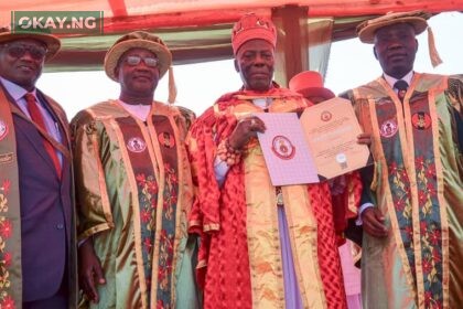 The Chancellor of the Nigerian Army University, Biu (NAUB), and the Orodje of Okpe Kingdom, HRM Major General Felix Mujakperuo (rtd), Orhue I, CFR, mni, displaying the Doctor of Letters Degree, honoris causa conferred on him by the University; flanked by the Pro-Chancellor and Chairman of Governing Council of the University and Chief of Army Staff, Lt.-General Taoreed Lagbaja (R); representative of the Visitor to the University and President of Nigeria and Commander-in-Chief of the Armed Forces, His Excellency Bola Ahmed Tinubu, the Honorable Minister of Education, Professor Tahir Mamman and the Vice Chancellor of Nigerian Army University, Biu, Professor Kyari Mohammed (L), during the graduation ceremony of the Nigerian Army University, Biu (NAUB), recently