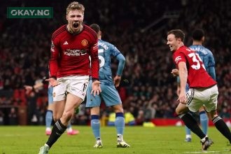 Rasmus Hojlund celebrates scoring for Manchester United against Aston Villa