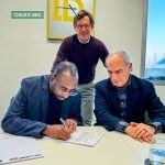 The Director General of NITDA, Kashifu Inuwa CCIE, with Mr Luciano Prosperi, President of De Lorenzo SpA, during the signing of the formal attestation of the donation of 1000 E-Learning Solutions to NITDA, held in Milan, Italy