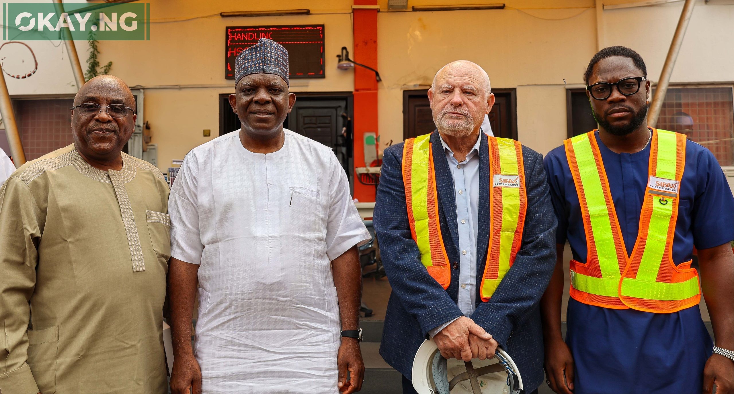 L-R: Capt. Ibraheem Olugbade, Executive Director, Administration, Ports & Cargo Handling Services Limited; Pius Ukeyima Akutah (MON), newly-appointed Executive Secretary/CEO, Nigerian Shippers Council; John Jenkins, Managing Director, Ports & Cargo Handling Services Limited and Tobi Afolabi, Executive Director, Operations, Ports & Cargo Handling Services Limited during the maiden courtesy visit of the Shippers Council boss to Ports & Cargo Handling Services Limited, operator of Terminal C, Tin Can Island Port, Apapa and subsidiary of SIFAX Group today.
