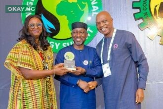 L-R: Managing Director, Shell Nigeria Exploration and Production Company Limited (SNEPCo,) Elohor Aiboni; Minister of State for Petroleum Resources, Gas, Ekperikpe Ekpo; and Managing Director, The Shell Petroleum Development Company of Nigeria Ltd (SPDC) and Country Chair of Shell Companies in Nigeria, Osagie Okunbor receiving the 2023 best exhibitor award at the Gala Dinner and Award Nite at the State House Banquet Hall, Abuja... on Tuesday.