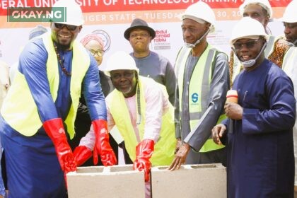 L-R: Dr. Ubon Udoh (MD/CEO, ASR Africa), Mrs. Hadiza Goje (Bursar), Prof. Faruk Adamu Kuta (Vice Chancellor), Prof. Uno Uno (Deputy Vice Chancellor, Admin), Labaran Abubakar (MD, Statelink - Contractor), and Arc. Bako Ismail (Consultant for the Project) at the groundbreaking ceremony which held today.