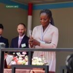 Mrs Olu Verheijen, the Special Adviser to the President on Energy and vessel's Sponsor Lady and Godmother, christens AKTORAS, an eco-friendly vessel chartered by Bonny Gas Transport Limited (BGT), a subsidiary of Nigeria LNG Limited (NLNG), in Mokpo, South Korea…on Friday.