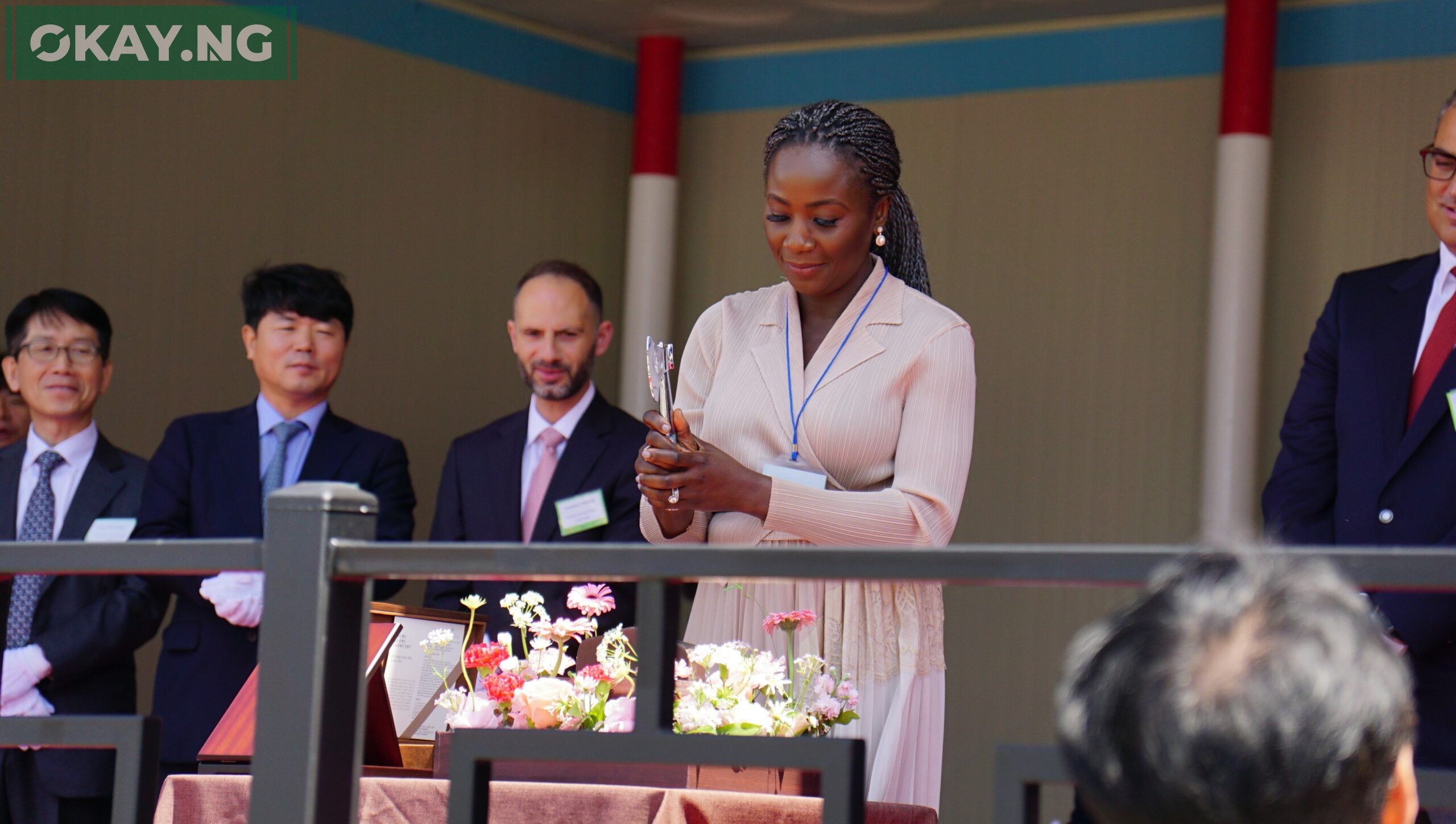 Mrs Olu Verheijen, the Special Adviser to the President on Energy and vessel's Sponsor Lady and Godmother, christens AKTORAS, an eco-friendly vessel chartered by Bonny Gas Transport Limited (BGT), a subsidiary of Nigeria LNG Limited (NLNG), in Mokpo, South Korea…on Friday.