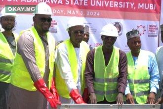 L-R: Nakama Keri, Multilateral Coordination Specialist, ASR Africa; Dr. Ubon Udoh, MD/CEO, ASR Africa; Dr. Stephen A. Lagu, Ag. Vice Chancellor, Adamama State University; Engr E. B. Filli, Director, Physical Planning & Devt., and Mallam Aminu Aliyu Alkali, Registrar at the Groundbreaking Ceremony in Mubi, Adamawa State.