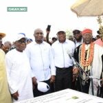 Deputy Governor of Bayelsa State, Sen. Lawrence Ewhrudjakpo; Minister of Niger Delta, Hon. Abubakar Momoh; MD/CEO NDDC, Dr. Samuel Ogbuku; SPDC MD and Country Chair, Shell Companies in Nigeria, Mr. Osagie Okunbor; Rep of the CUIO NUIMS, Obinna Aralu; His Eminence, King Edmund Daukoru, Mingi XII, Amanyanabo of Nembe Kingdom and His Eminence, King Dumaro Charles Owaba, The Obanobhan III of Ogbia Kingdom during the commissioning of the 25.7km Ogbia-Nembe Road in Bayelsa State, on Monday.