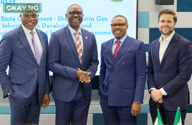 Managing Director, The Shell Petroleum Development Company of Nigeria Ltd. and Country Chair, Shell Companies in Nigeria, Osagie Okunbor; Oyo State Governor, Seyi Makinde; Managing Director, Shell Nigeria Gas, Ralph Gbobo, and Vice President , Shell Energy Trading EU & Africa, Bob Kijkuit, at the signing of a gas agreement between SNG and Oyo State Government to develop a gas supply and distribution infrastructure in the state… held at the Shell Group headquarters in London