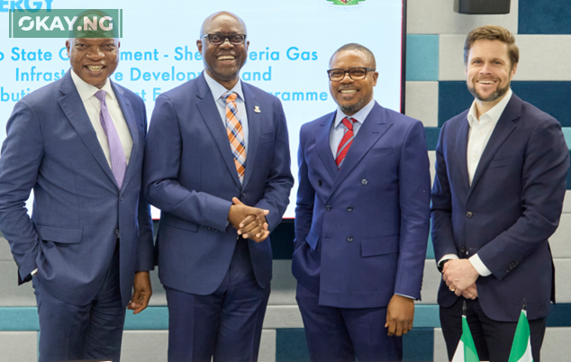 Managing Director, The Shell Petroleum Development Company of Nigeria Ltd. and Country Chair, Shell Companies in Nigeria, Osagie Okunbor; Oyo State Governor, Seyi Makinde; Managing Director, Shell Nigeria Gas, Ralph Gbobo, and Vice President , Shell Energy Trading EU & Africa, Bob Kijkuit, at the signing of a gas agreement between SNG and Oyo State Government to develop a gas supply and distribution infrastructure in the state… held at the Shell Group headquarters in London