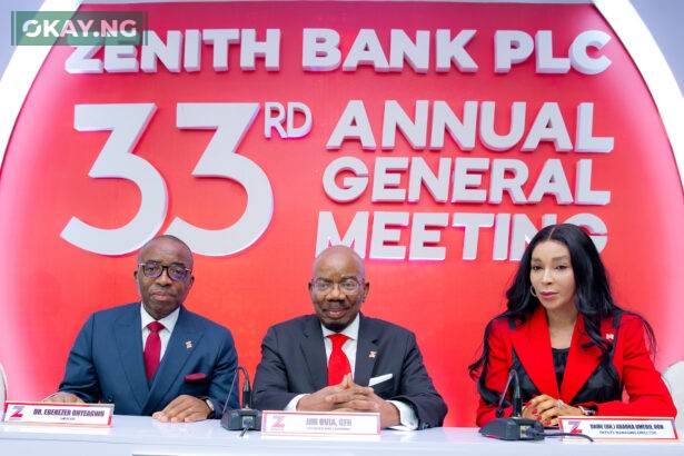 Founder and Chairman of Zenith Bank Plc, Jim Ovia, CFR (Centre) flanked by the Group Managing Director/Chief Executive, Dr. Ebenezer Onyeagwu (Left) and the Deputy Managing Director, Dame (Dr.) Adaora Umeoji, OON (Right) during the 33rd Annual General Meeting (AGM) of the bank held at The Civic Centre, Victoria Island, Lagos yesterday.