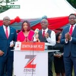 Outgoing Group Managing Director/Chief Executive, Zenith Bank Plc, Dr. Ebenezer Onyeagwu (2nd Right) flanked by Executive Director, Mr. Akin Ogunranti (1st Right); Executive Director, Dr. (Mrs.) Adobi Nwapa (3rd Right) and Executive Director, Mr. Adamu Lawani (4th Right) during the launch of the bank's state-of-the-art digital LED screen at Ajose Adeogun Roundabout, Victoria Island, Lagos, yesterday.
