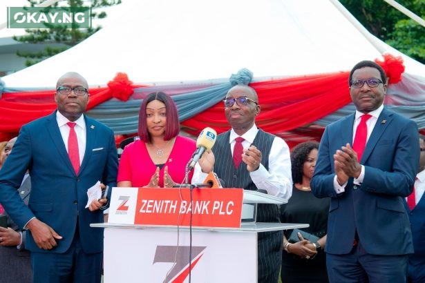 Outgoing Group Managing Director/Chief Executive, Zenith Bank Plc, Dr. Ebenezer Onyeagwu (2nd Right) flanked by Executive Director, Mr. Akin Ogunranti (1st Right); Executive Director, Dr. (Mrs.) Adobi Nwapa (3rd Right) and Executive Director, Mr. Adamu Lawani (4th Right) during the launch of the bank's state-of-the-art digital LED screen at Ajose Adeogun Roundabout, Victoria Island, Lagos, yesterday.