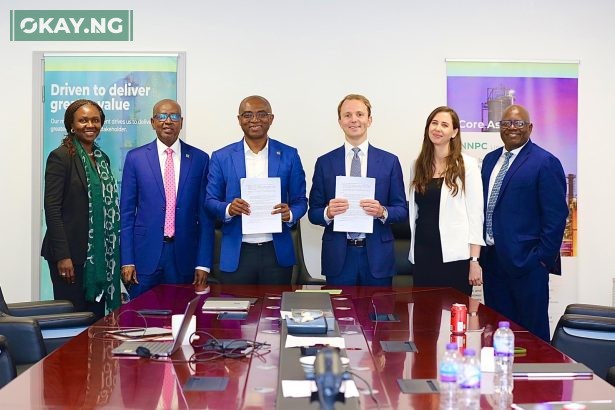 L-R: NNPC Ltd’s Executive Vice President, Upstream, Mrs. Oritsemeyiwa Eyesan; Chief Financial Officer, Mr. Umar Ajiya; Executive Vice President, Gas, Power & New Energy, Mr. Olalekan Ogunleye; CEO Golar LNG Ltd, Karl Fredrik Staubo (CEO) and two other officials from Golar LNG, during the signing ceremony of the Project Development Agreement (PDA) between the NNPC Ltd and Golar LNG Ltd for the deployment of a Floating Liquefied Natural Gas (LNG) offshore Niger Delta, Nigeria, on Monday.