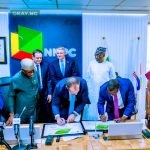 NNPC Ltd’s Chief Upstream Investment Officer, Mr. Bala Wunti (2nd from right) and Managing Director/Chief Executive, TotalEnergies Upstream Companies in Nigeria, Matthieu Bouyer (3rd from right) sign a Final Investment Decision (FID) agreement on the Ubeta Field Development Project at the NNPC Towers in Abuja. Watching keenly are the Honourable Minister of State for Petroleum Resources (Oil) Sen. Heineken Lokpobiri; Minister of State for Petroleum Resources (Gas), Rt. Hon. Ekperikpe Ekpo; GCEO NNPC Ltd, Mr. Mele Kyari; Special Adviser on Energy to the President, Olu Verheijen and Senior Vice President for Africa, Mike Sangster.